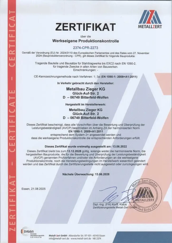 Metallbau Zieger KG – Zertifiziert nach EN 1090-2